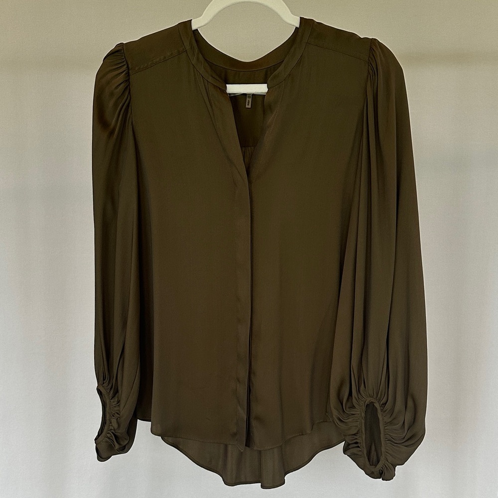 Trina Turk Silk Blend Covered Button Up Olive Balloon 3/4 Sleeve Blouse